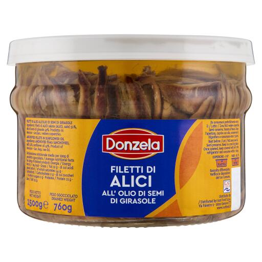 Filetti di Alici in Olio di Semi di Girasole 1500g Donzela
