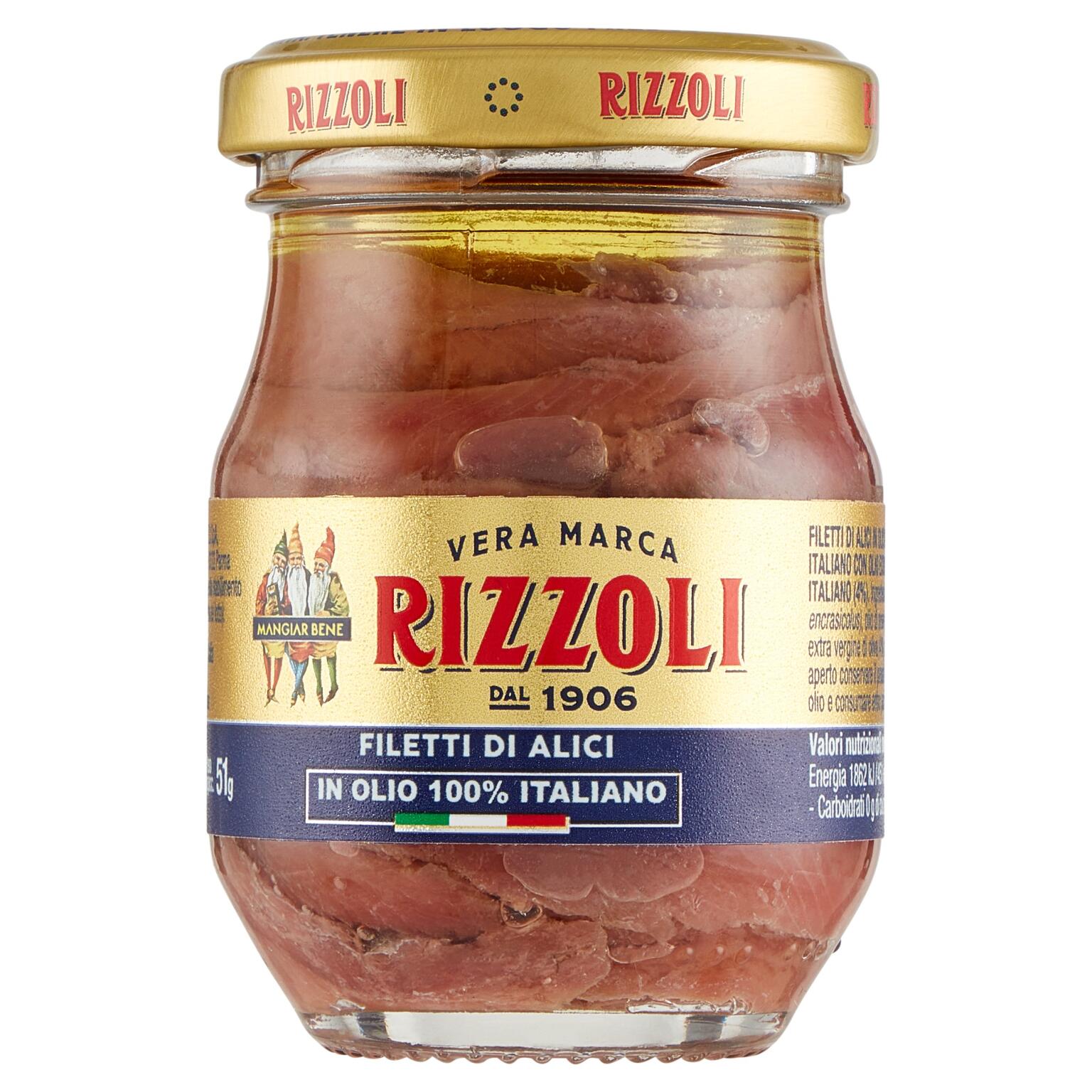 Filetti di alici in olio 100% italiano, 90g in vasetto, Rizzoli