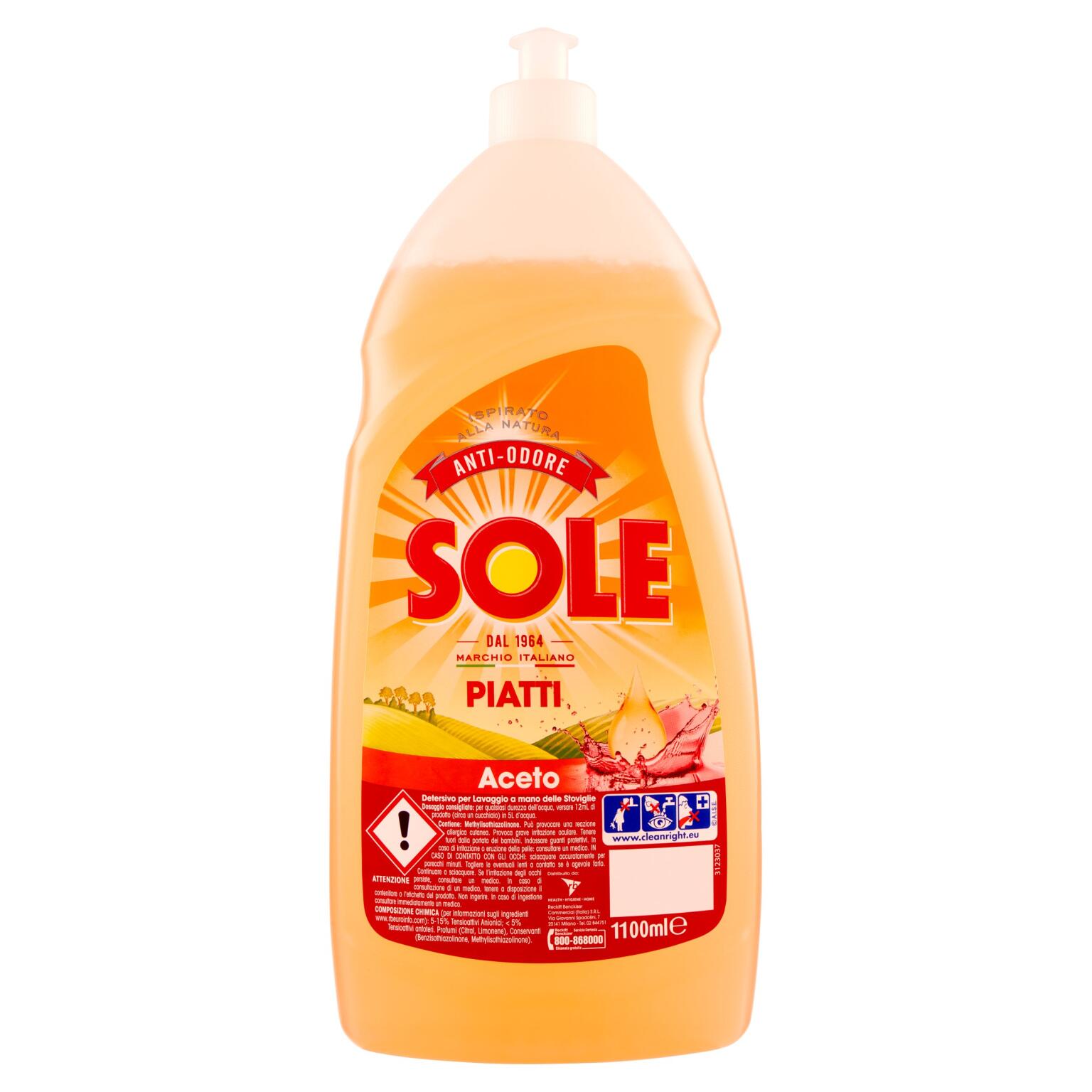 Detersivo liquido per piatti supersgrassante con Aceto azione anti-odore 1100ml Sole