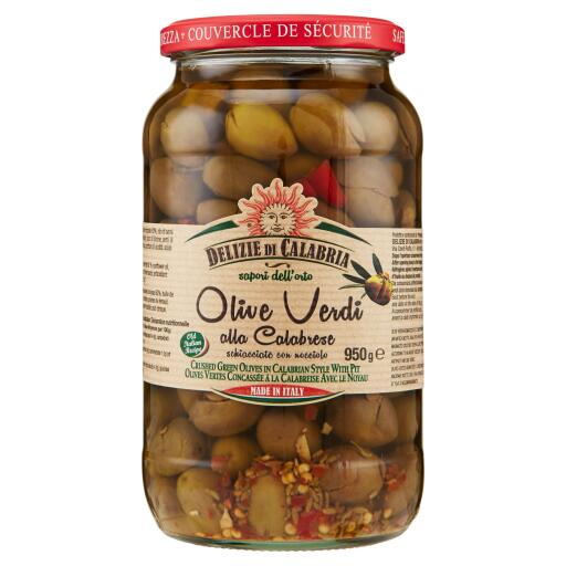 Olive verdi schiacciate con nocciolo in olio di semi di girasole 950g Delizie di Calabria