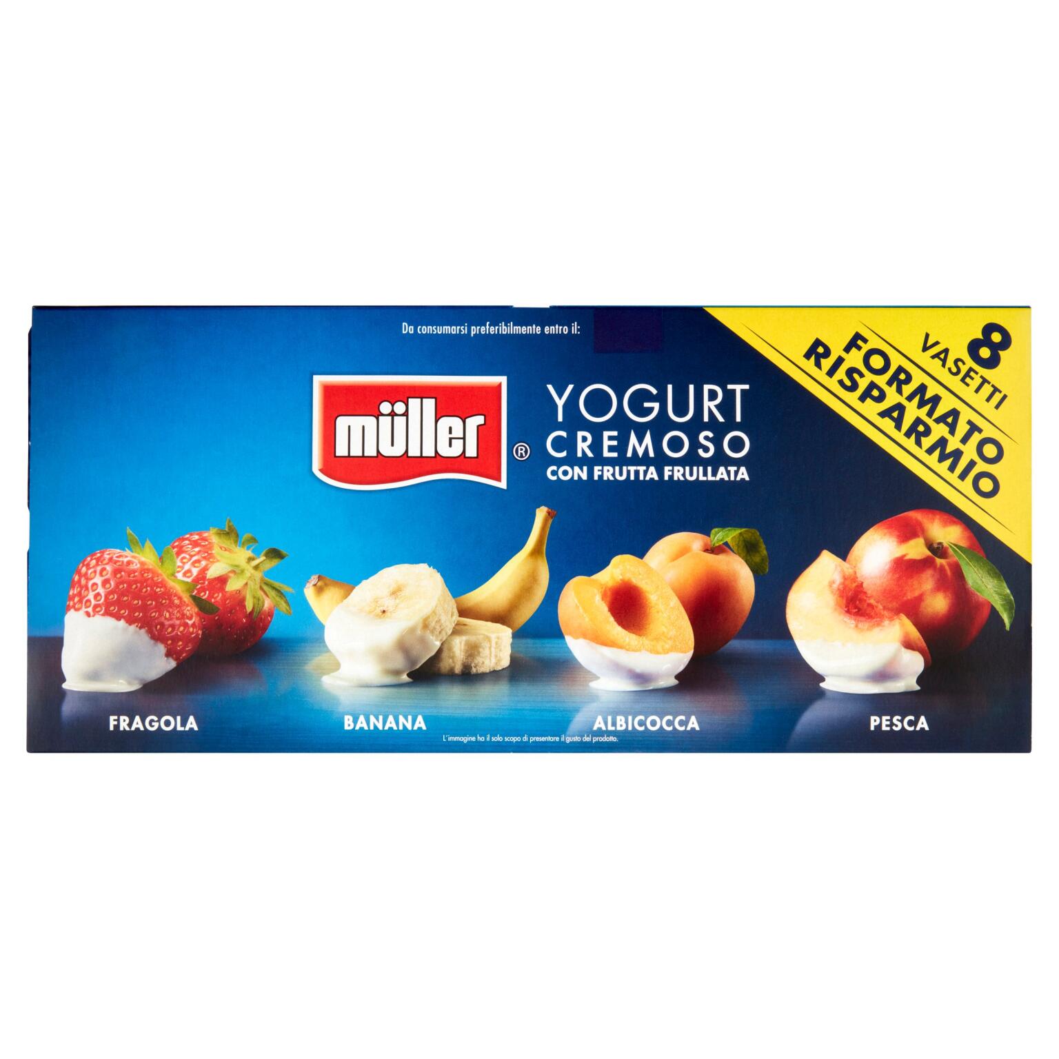Yogurt con frutta frullata fragola, banana, albicocca e pesca 8x125g Muller