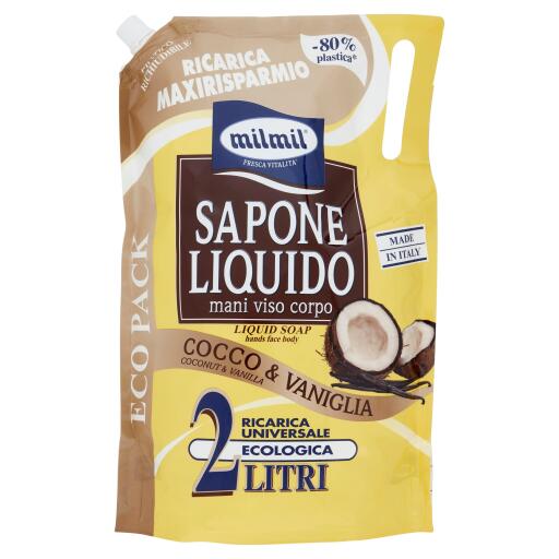 Sapone liquido cocco e vaniglia ricarica busta 2l Mil Mil