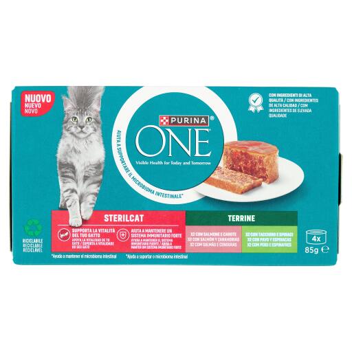 Purina one gatto terrine 2 salmon e carote e 2 tacchino e spinaci (4x85g)