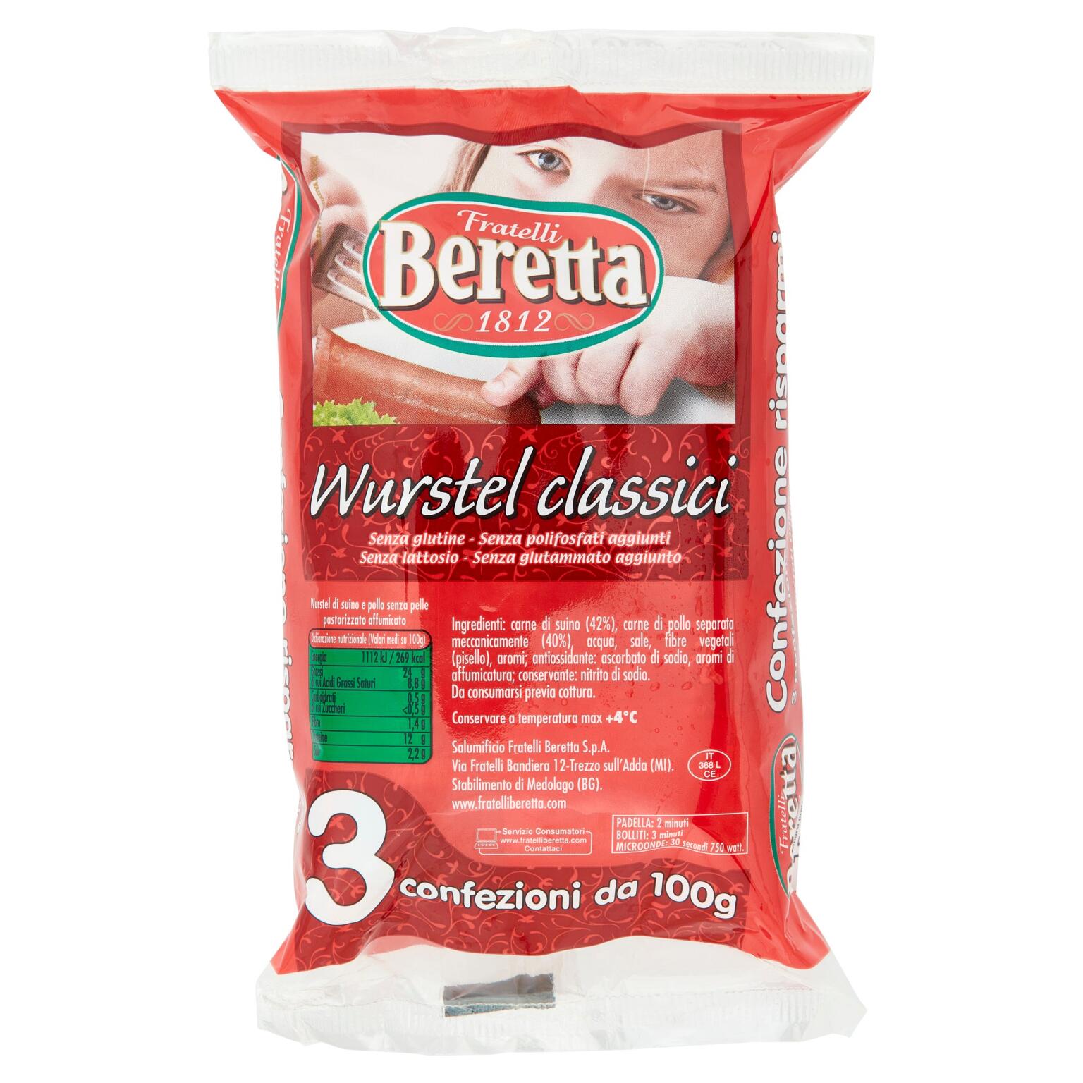 Wurstel di suino 3x100g Fratelli Beretta senza glutine