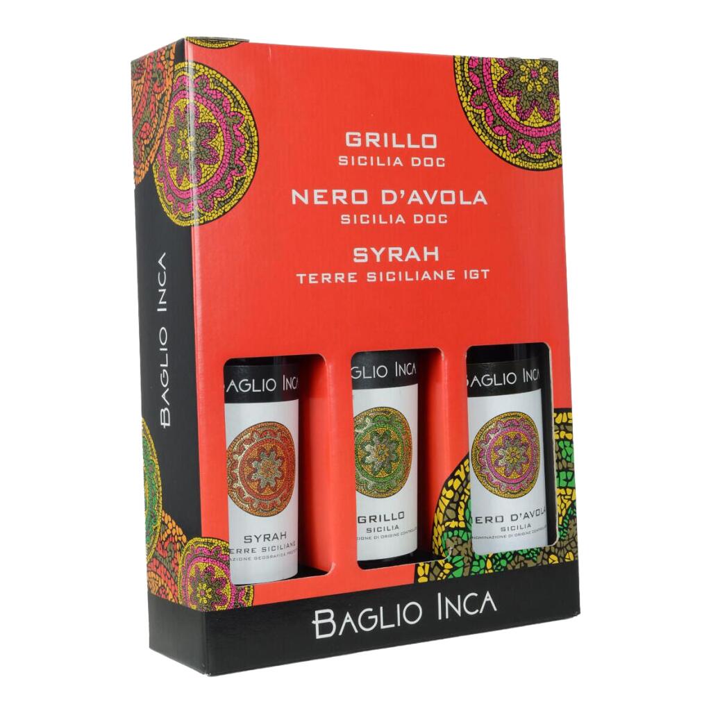 Conf.da 3 bott.con Nero D'Avola Sicilia Doc;GrilloSicilia Doc ;Syrah Terre Sic.Igp cl75 Baglio Inca