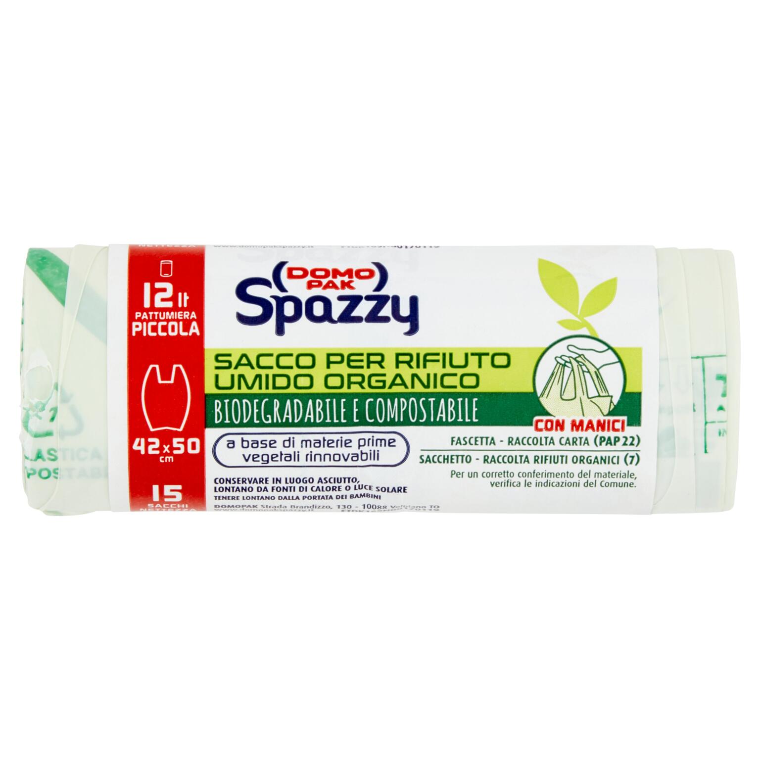 15 Sacchi 100% biodegradabili 12lt casalingo trasp. con manici 42x50cm Saccoverde Spazzy Domopak