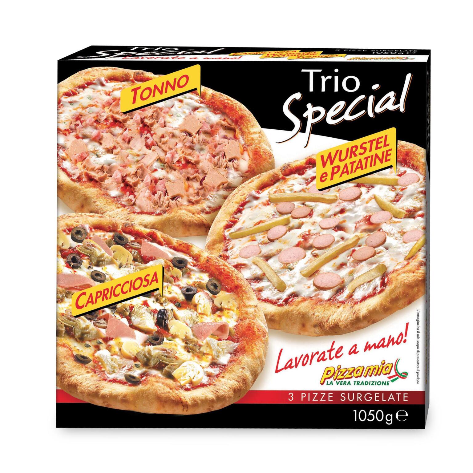 Pizza trio special tonno, wurstel e patatine e capricciosa 1050g Pizzamia