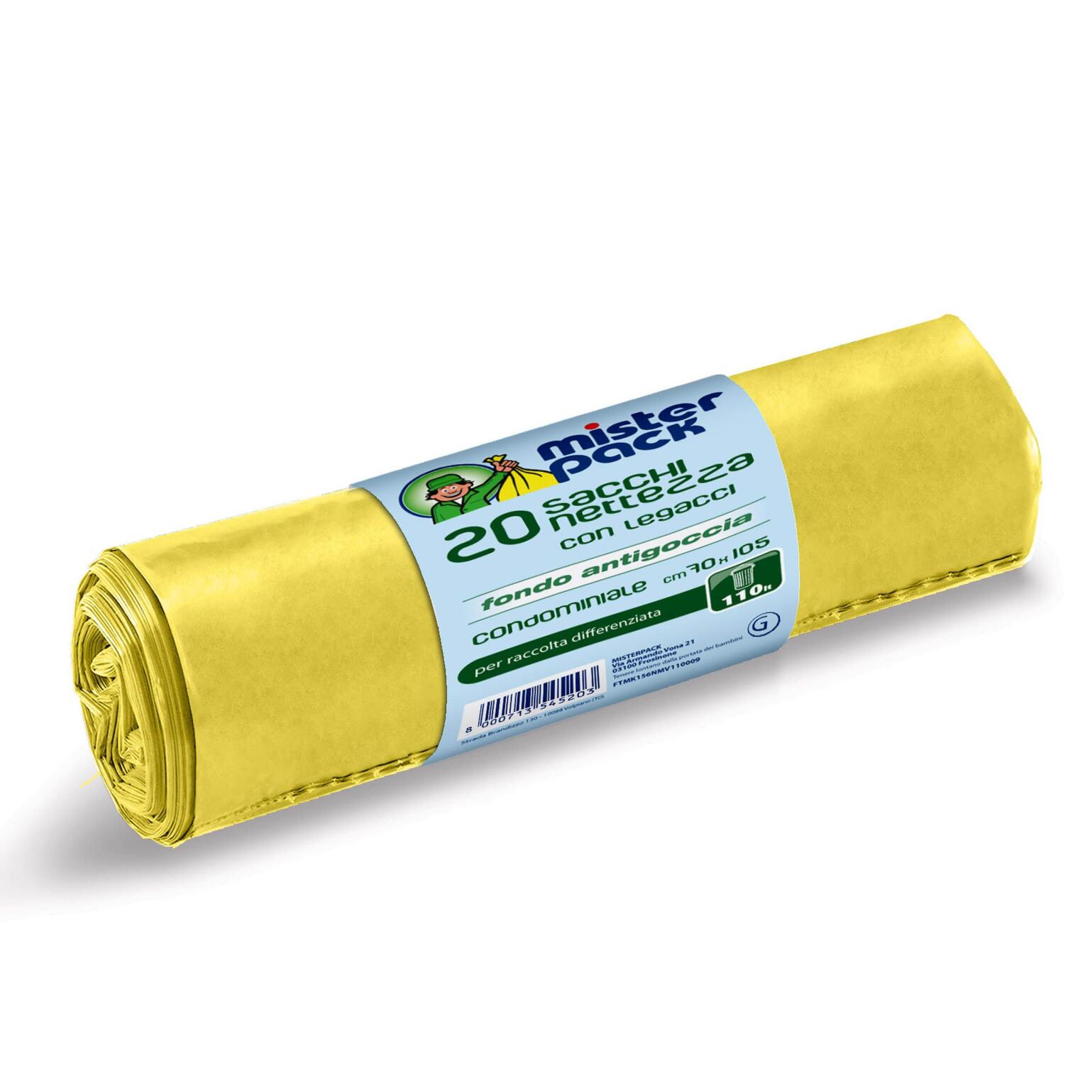 Sacchi nettezza 110L condominiale giallo tras.70x105xm con legacci e fondo antigoccia Misterpack