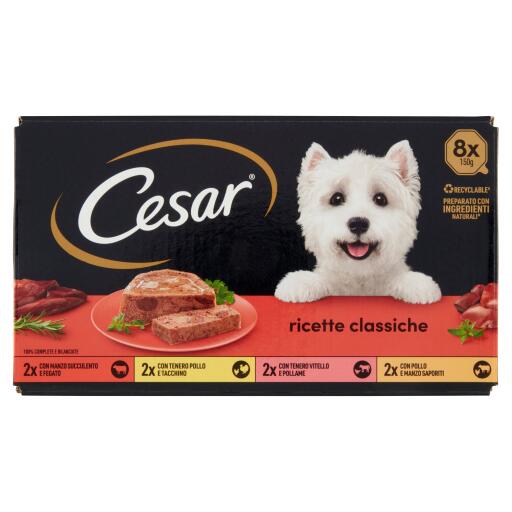 Cesar vaschetta 150g multipack x 8, gusti classici, pollo/tacchino, vitello/pollame, pollo/manzo