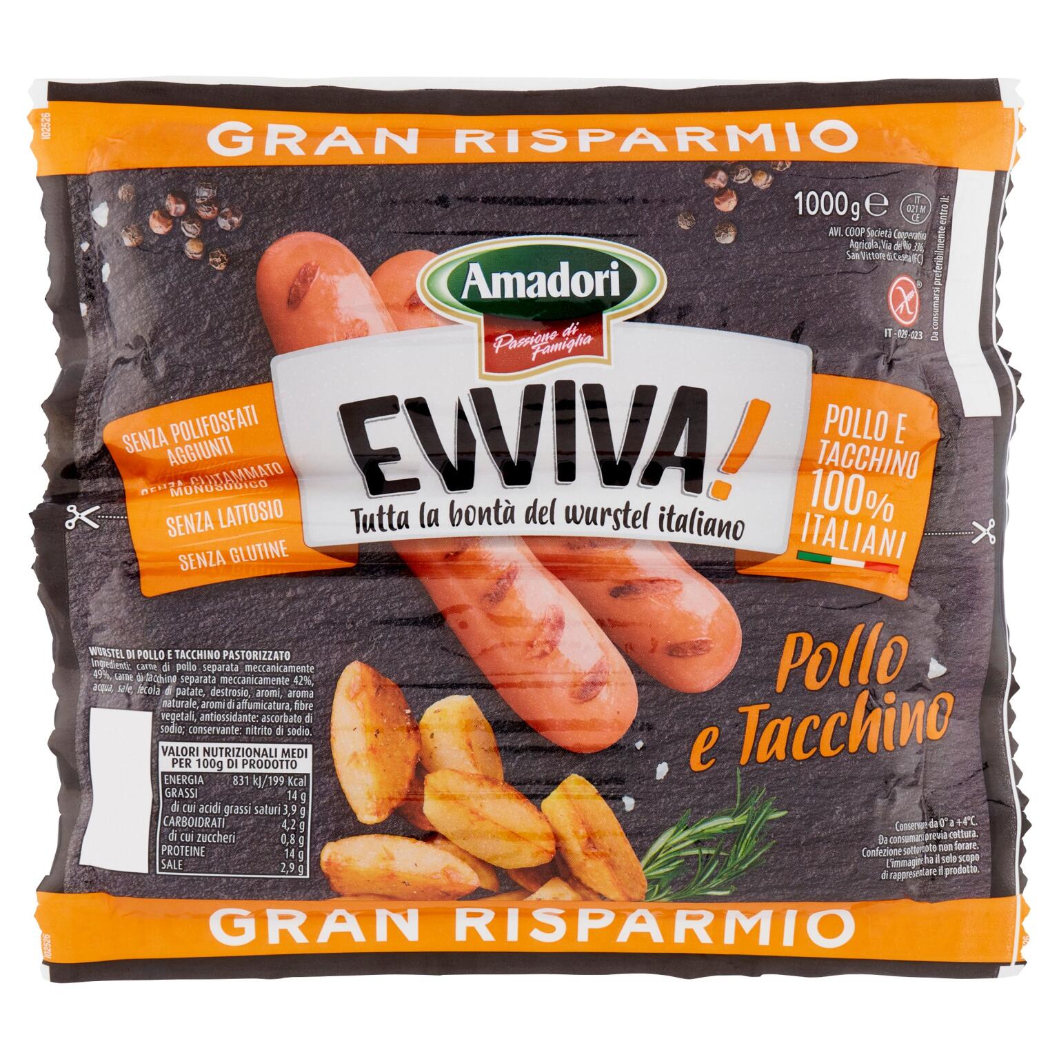 Wurstel Evviva pollo/tacchino 1Kg Amadori senza glutine