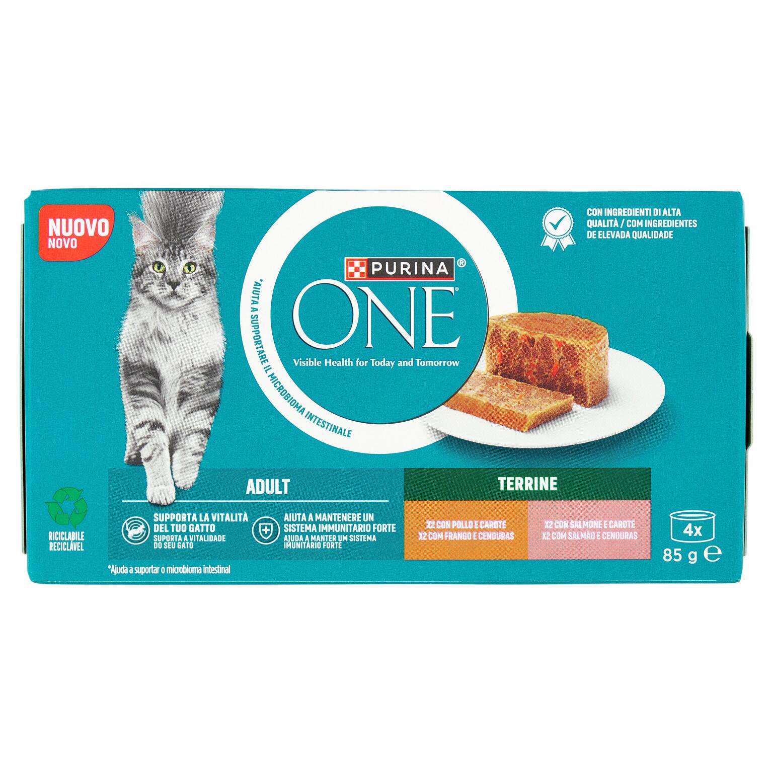 Purina one gatto, 2 pollo e carote e 2 salmone e carote (4x85g)