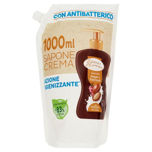Sapone Crema 1l Argan e Patchouli azione igienizzante Ecoricarica Spuma di Sciampagna