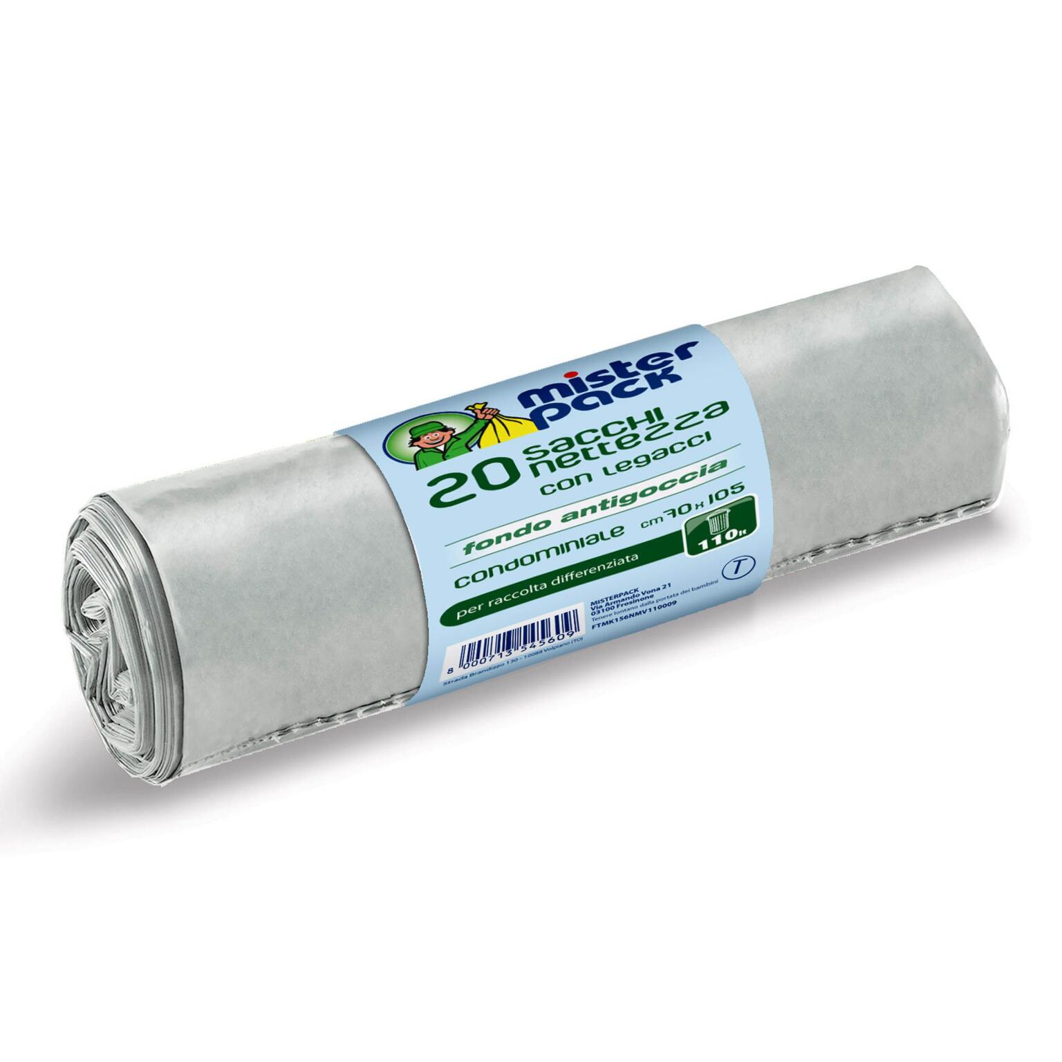 Sacchi nettezza 110L condominiale trasparente 70x105cm con legacci e fondo antigoccia Misterpack