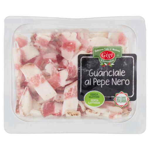 Guanciale al pepe nero taglio francobollo vaschetta 100g Gigi il salumificio