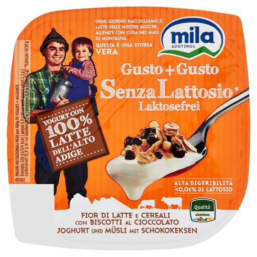 Gusto+Gusto senza lattosio intero Fior di Latte+Cereali+Biscotti al cioccolato 150g