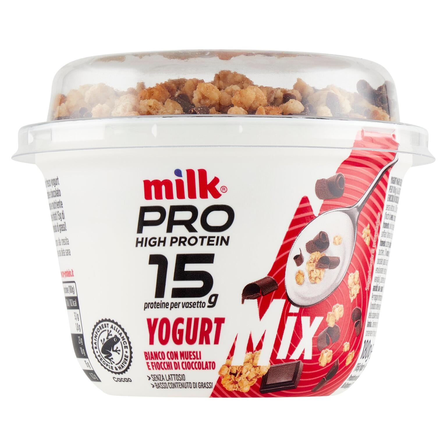Milk PRO Yogurt Mix 180g Bianco con Muesli e      Fiocchi di Cioccolato