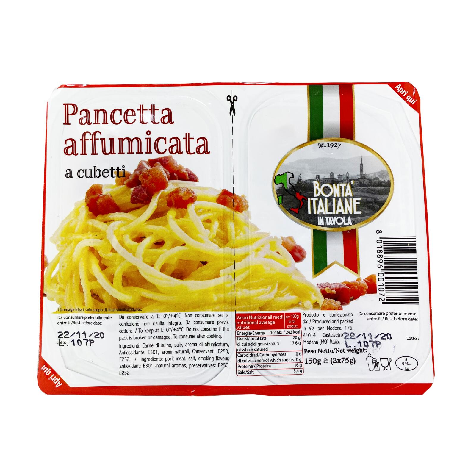 Pancetta a cubetti affumicata 75g+75g Bontà in tavola