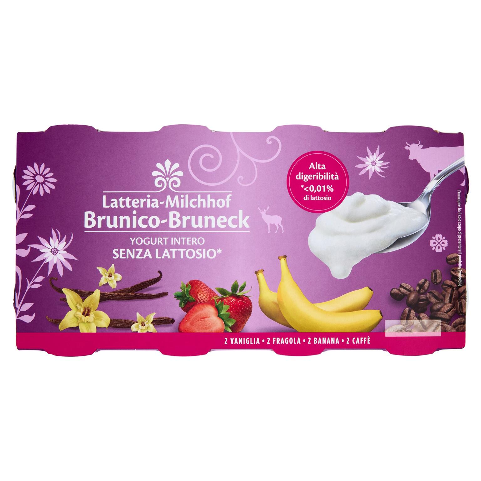Yogurt intero senza lattosio 8x125g Vaniglia-Fragola-Banana-Caffè Latteria Brunico