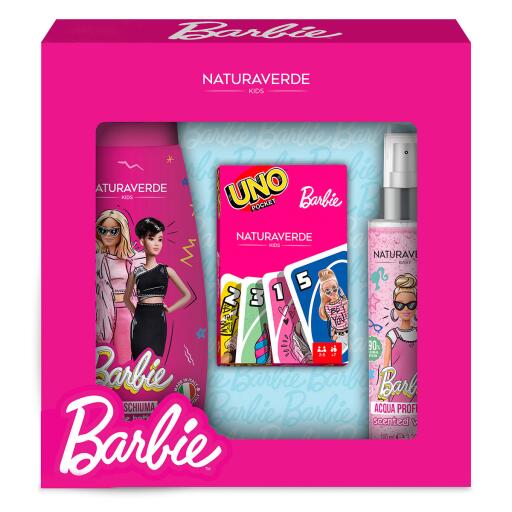 Set Gift Barbie Carte Uno 3pz (bagnoschiuma 300ml+acqua profumata 100ml+carte uno) Naturaverde