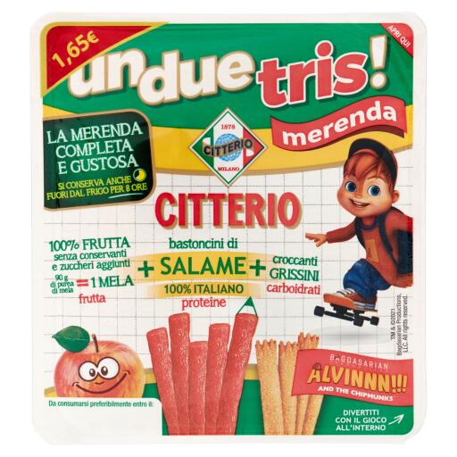 Merenda UnDueTris con succo alla mela, bastoncini di salame e grissini croccanti Citterio