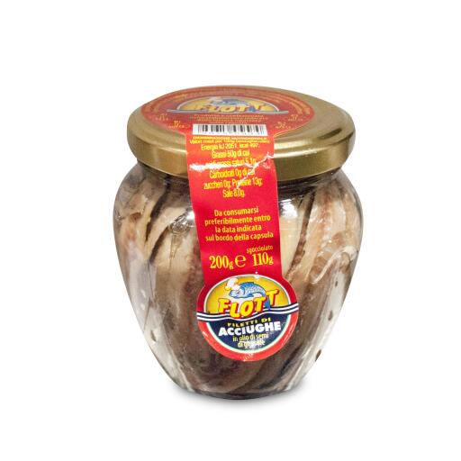 Filetti di alici in olio di semi di girasole in vaso 200g Flott