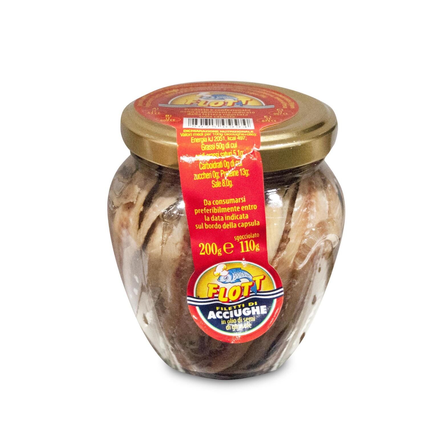 Filetti di alici in olio di semi di girasole in vaso 200g Flott