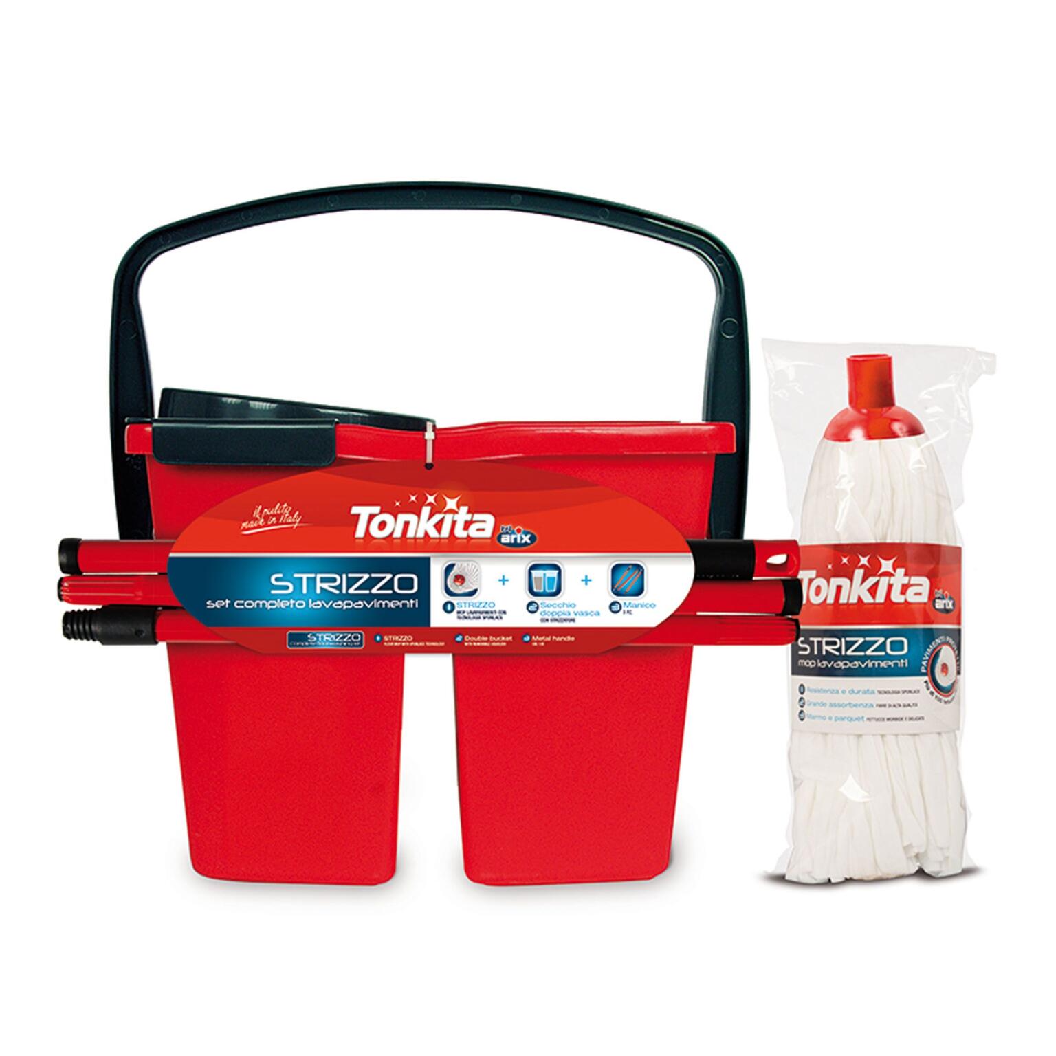 Set strizzo secchio doppia vasca, strizzo lavapavimenti mop, manico Tonkita