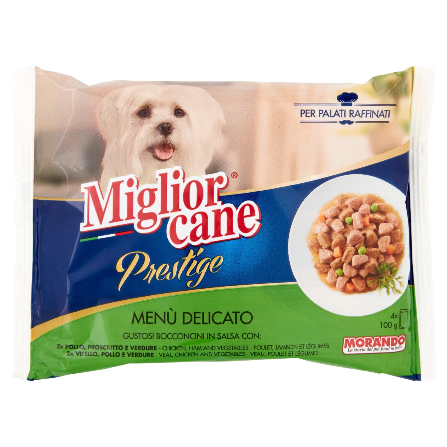 Doppio menù delicato pollo, prosciutto e verdura, vitello, pollo e verdure 4x100g Migliorcane