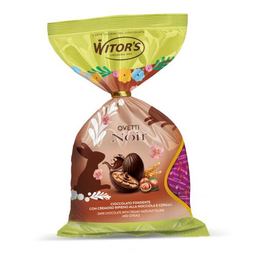 Ovetti Noir di cioccolato fondente con cremoso ripieno alla nocciola e cereali 230g