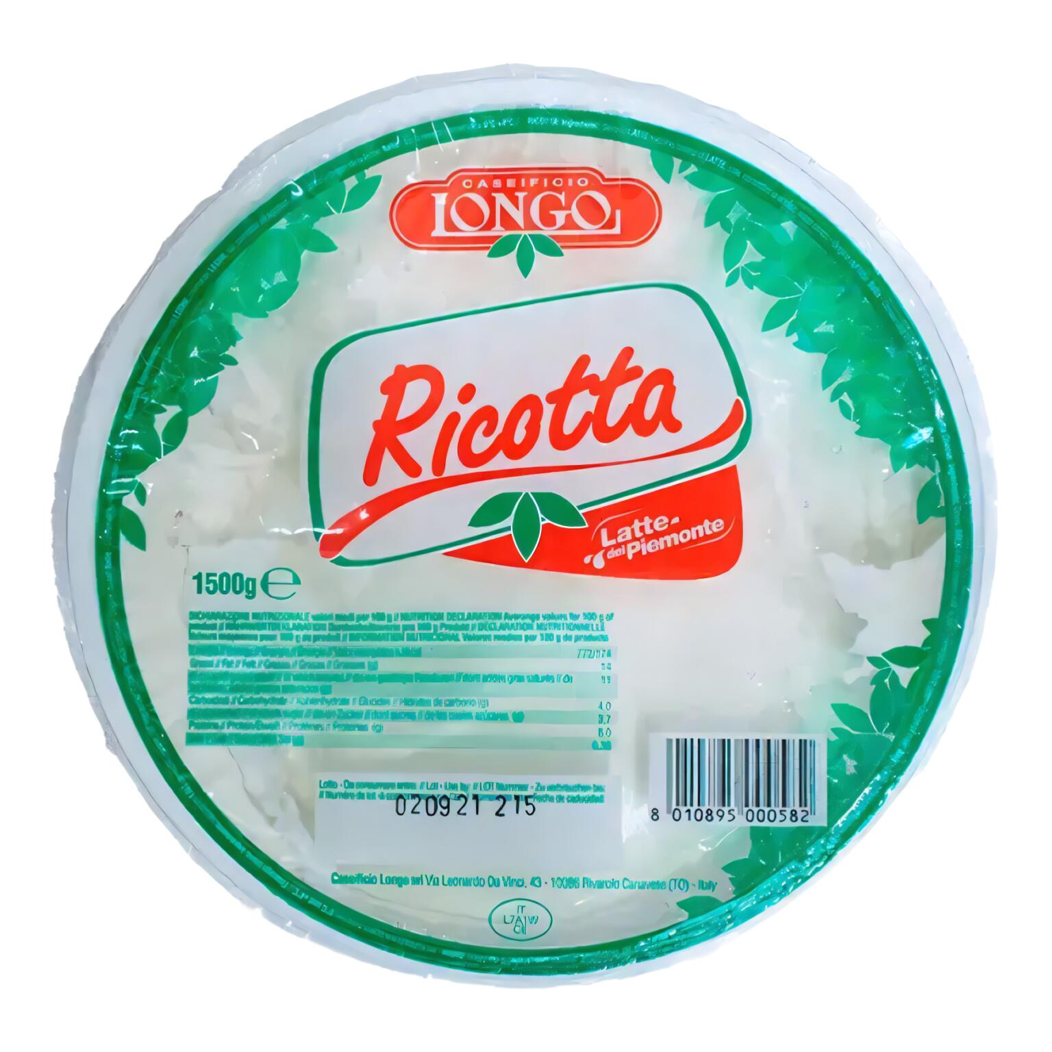 Ricotta fresca di latte vaccino piemontese 1,5kg Caseificio Longo