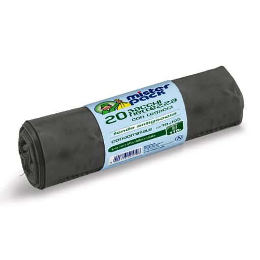 20 Sacchi nettezza 110lt condominiale nero 70x105cm con legacci e fondo antigoccia Misterpack