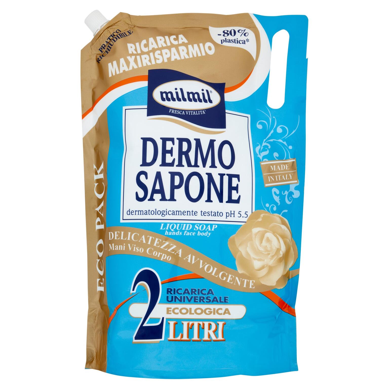 Sapone dermo mani, viso e corpo ricarica 2L Mil Mil