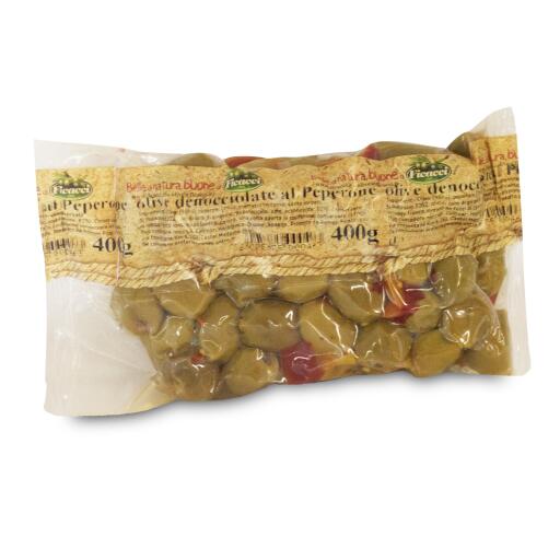 Olive verdi denocciolate con peperoni 400g Ficacci