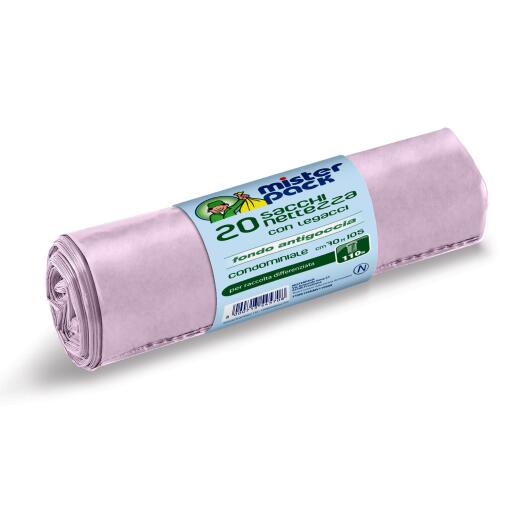 Sacchi nettezza 110L condominiale viola trasp.70x105cm con legacci e fondo antigoccia Misterpack