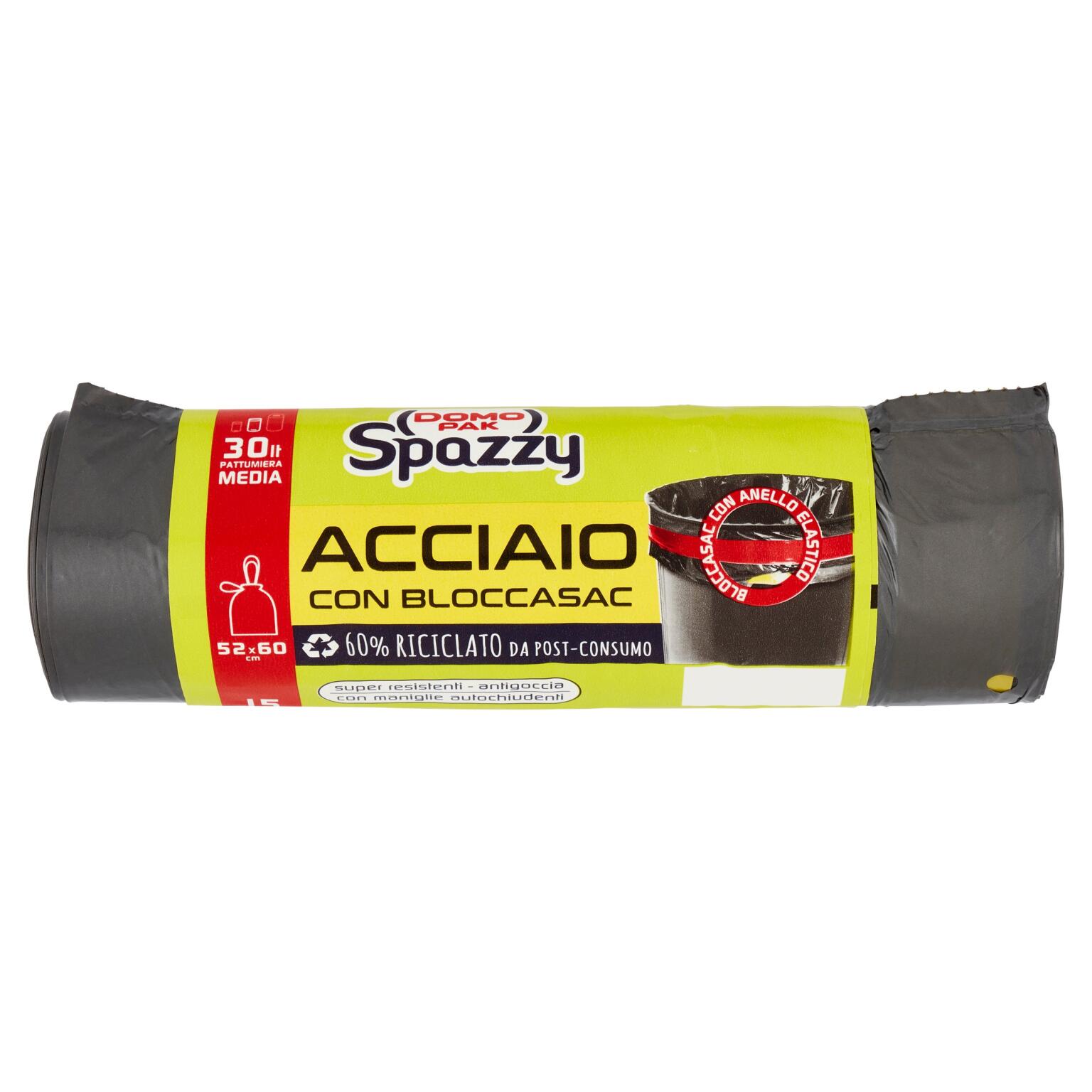 Sacchi nettezza 30L acciaio con bloccasac 52x60cm multistrato 15 pezzi Spazzy Domopak