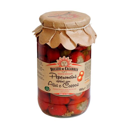 Peperoncini ripieni con capperi e alici in olio di semi di girasole 950g Delizie di Calabria