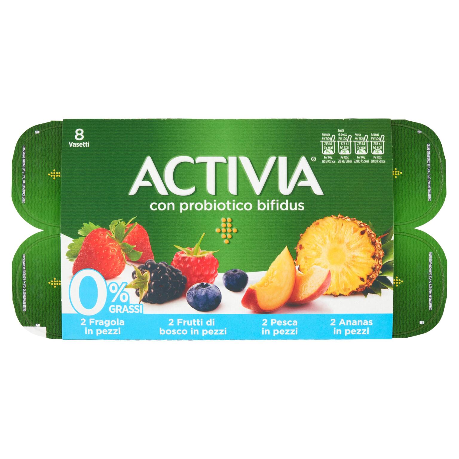 Yogurt activia 0% grassi frutta in pezzi pesca, fragola, frutti di bosco e ananas 8x125g Danone