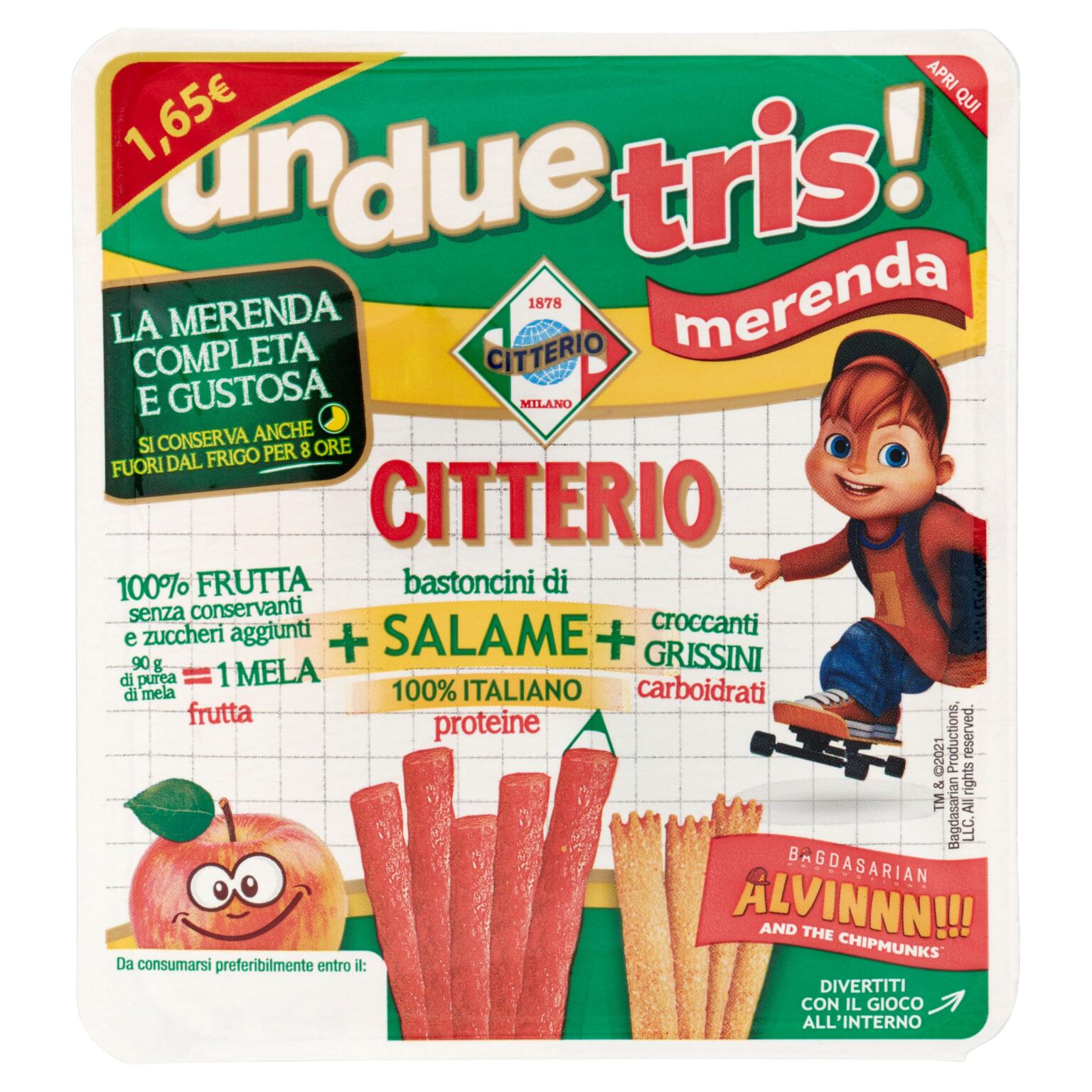 Merenda UnDueTris con succo alla mela, bastoncini di salame e grissini croccanti Citterio