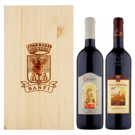 Cassa di legno Castello Banfi Montalcino con: Rosso di Montalcino 75cl e Chianti 75cl