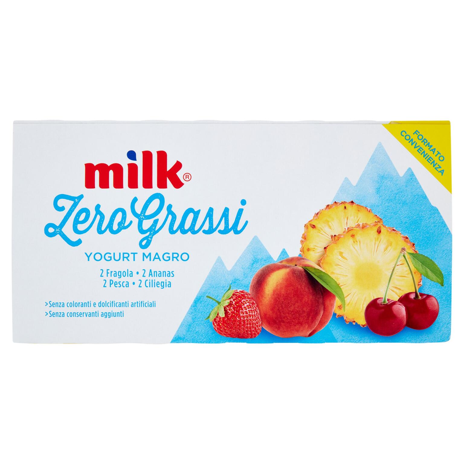 Yogurt Magro Zero Grassi 8x125g fragola/pesca/frutti di bosco/ananas Milk