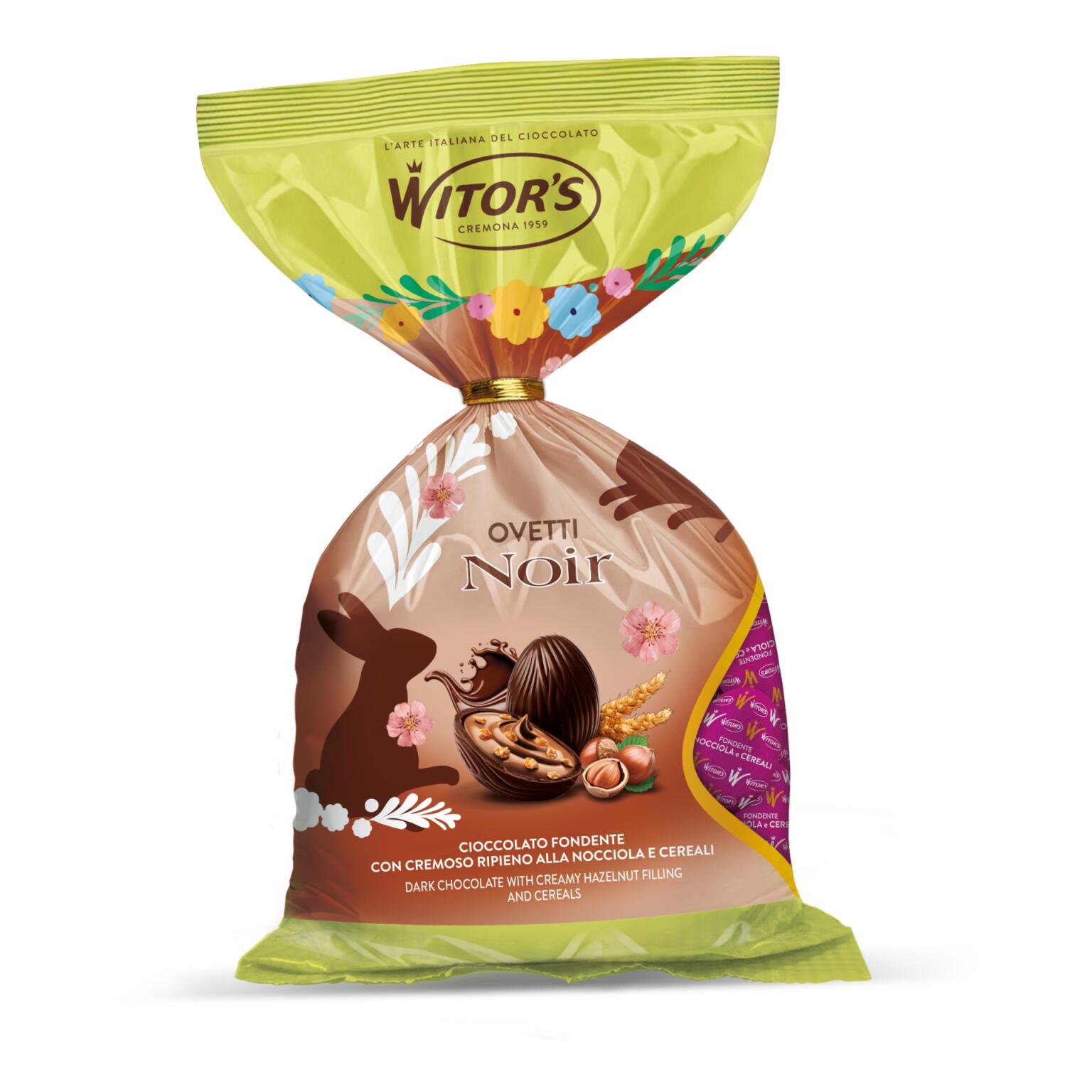 Ovetti Noir di cioccolato fondente con cremoso ripieno alla nocciola e cereali 230g