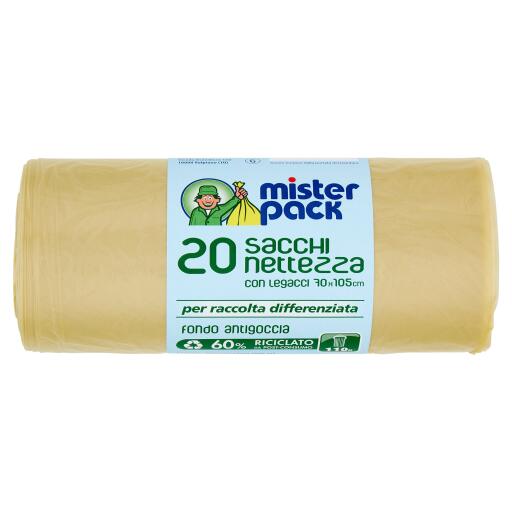 Sacchi nettezza 110L condominiale giallo tras.70x105xm con legacci e fondo antigoccia