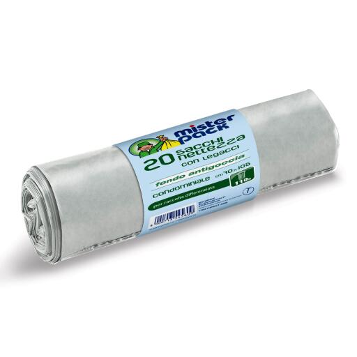 Sacchi nettezza 110L condominiale trasparente 70x105cm con legacci e fondo antigoccia Misterpack