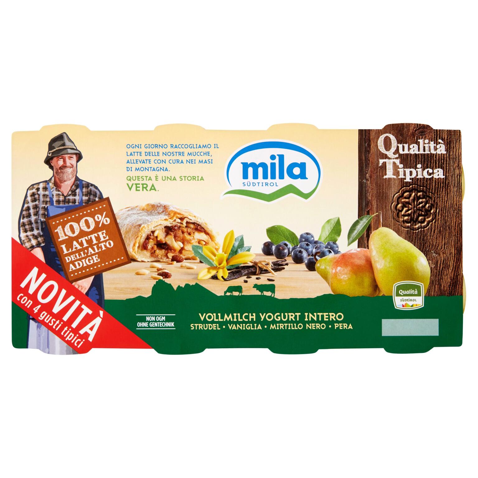 Yogurt intero gusti tipici vaniglia, mirtillo nero, pera e strudel 8x125g Mila