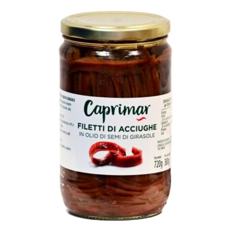 Fil.di acciughe in olio di girasole in vaso vetro 720g Coprimar