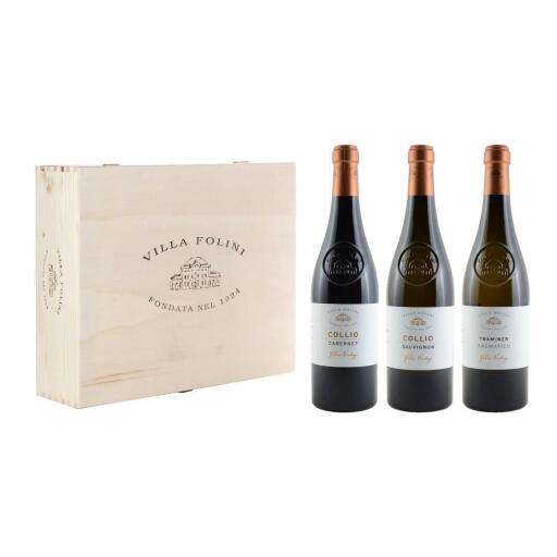 Cassetta Legno contenente 3 bottiglie:Sauvignon,Cabernet,Traminer c75 Villa Folini
