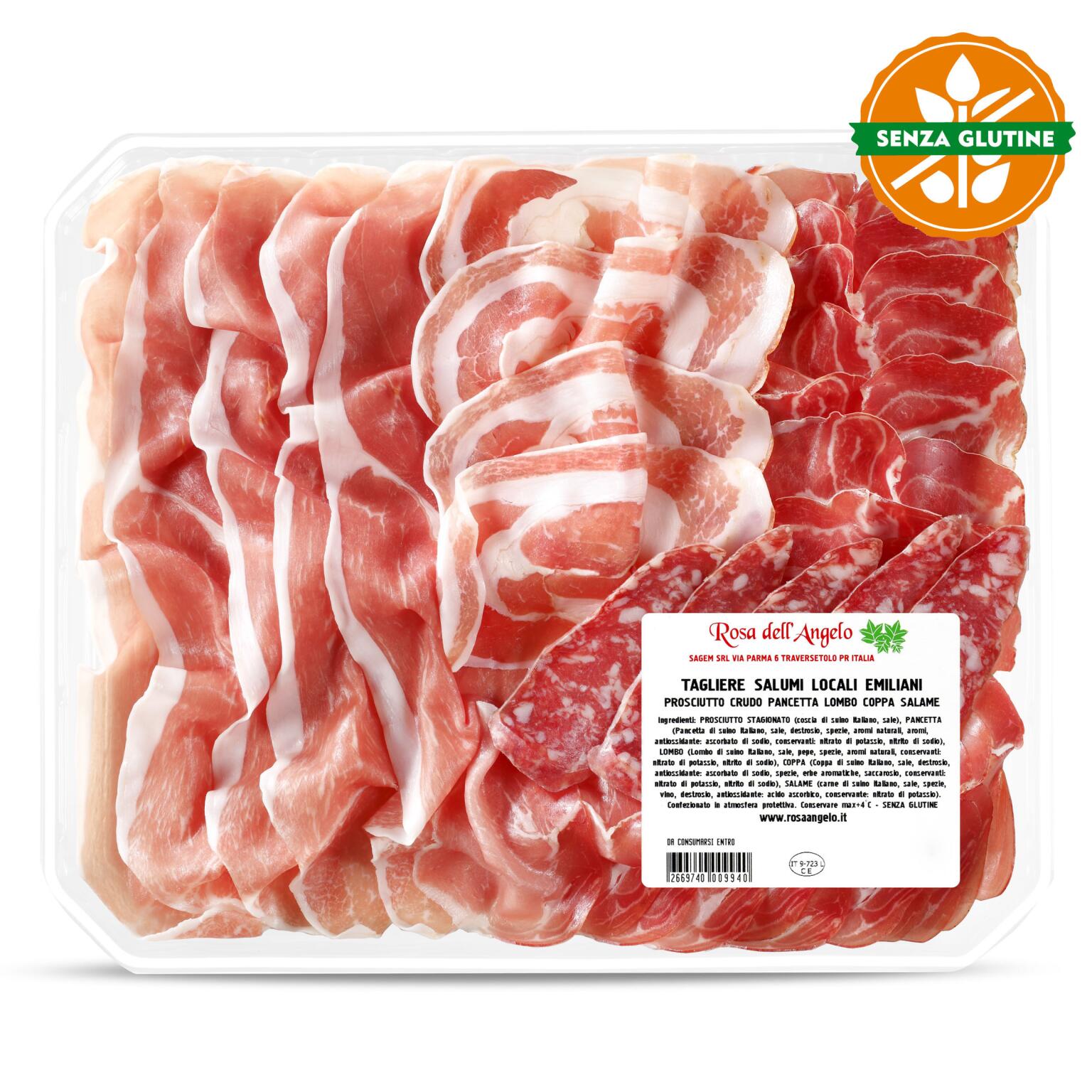 Taglieri salumi locali Emiliani prosciutto crudo, pancetta lombo, coppa e salame fette senza glutine