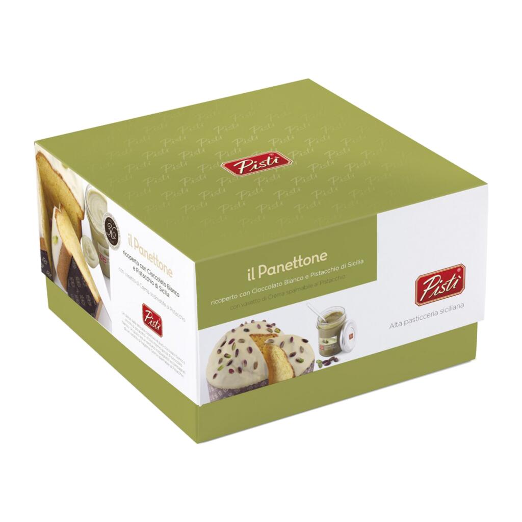 Panettone Pandorato 750g con crema di Pistacchio di Sicilia e ricop.di cioccolato bianco Pistì