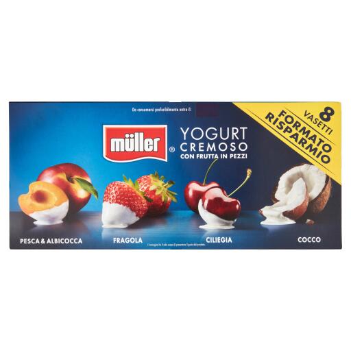 Yogurt frutta in pezzi 8x125g pesca e albicocca, fragola, ciliegia e cocco