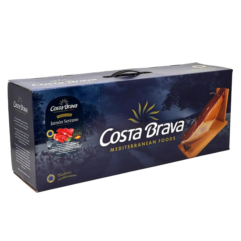 Jamòn serrano E.T.G. a metà, stagionato 10/12 mesi, confezione con morsa e coltello